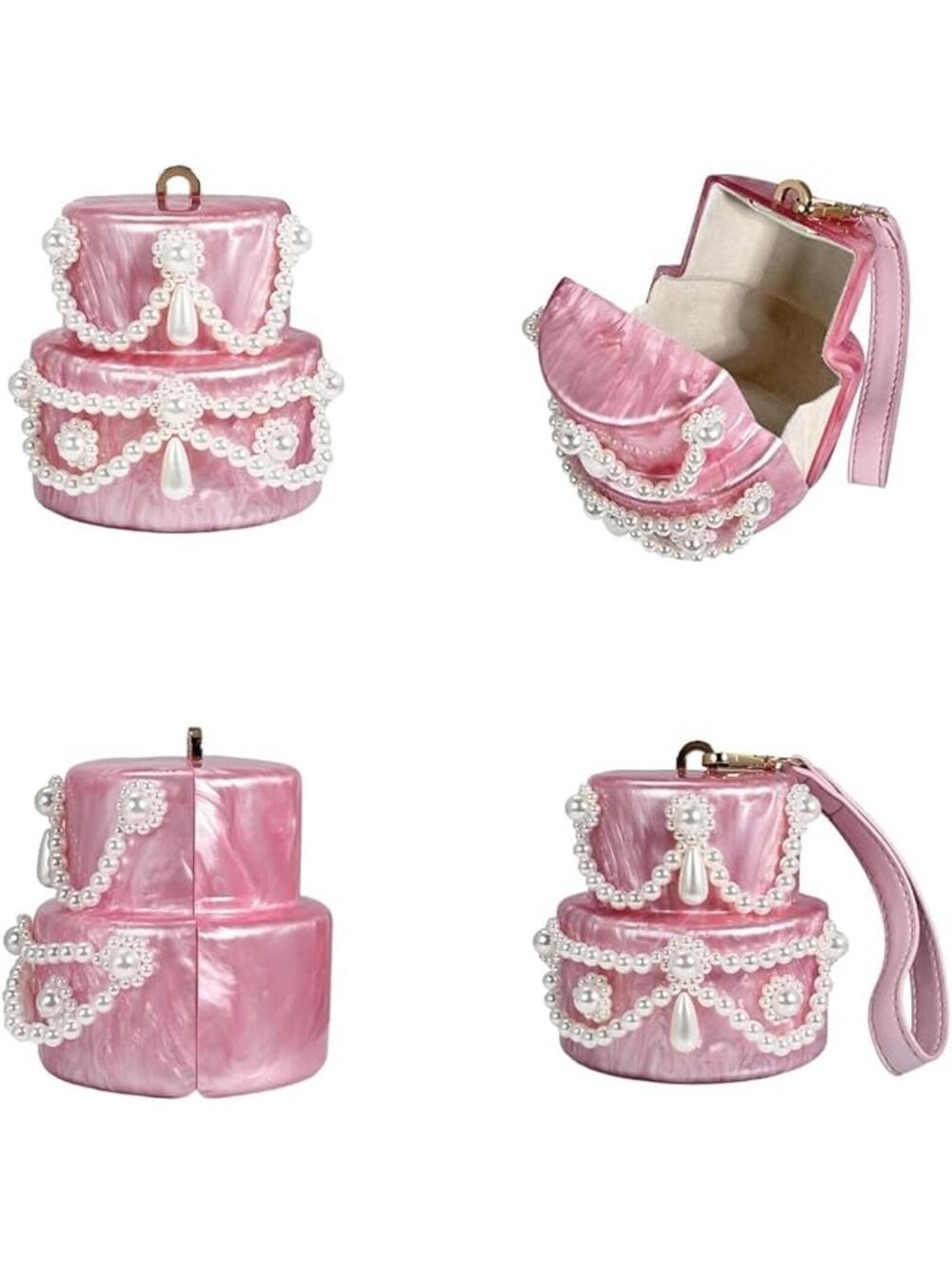 Cake Shaped Acrylic Clutch Pearl Handbags Beaded Evening Bag Mini Clutch - Picture 6 of 6